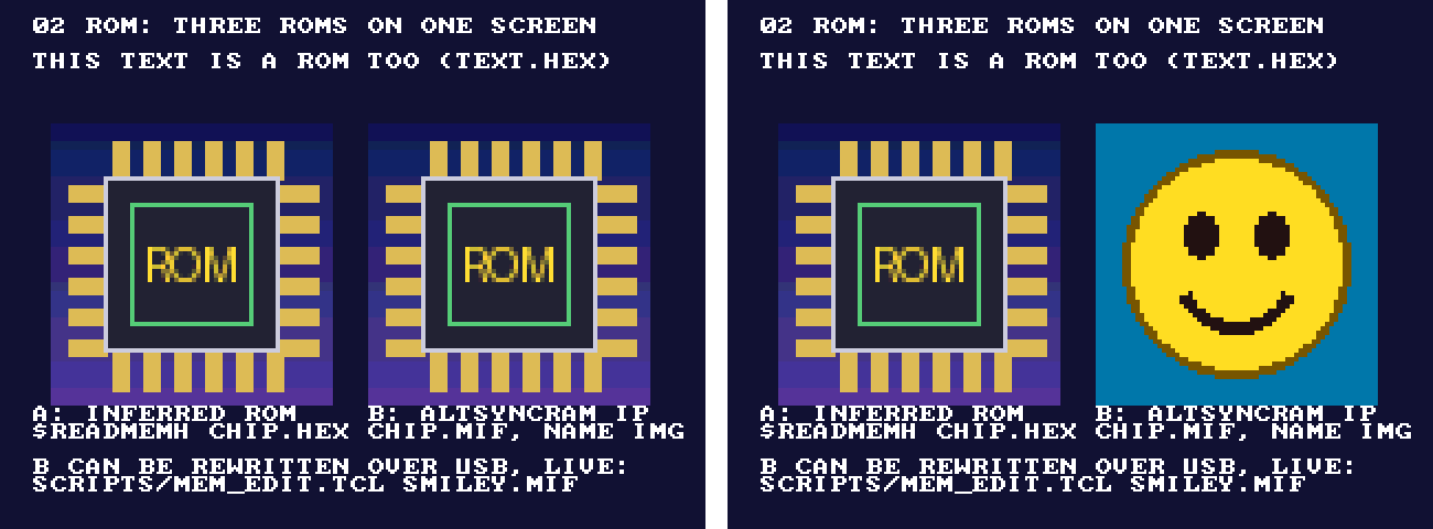 Two screen captures. Left: two identical chip pictures. Right: the left picture is unchanged, the right one is now a smiley.