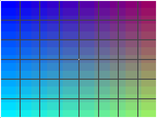Screen read back from the board: a colour gradient test picture with a dark grid every 20 pixels and a white frame.