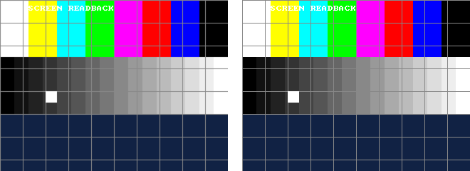 Two identical test cards side by side: left, the picture read back from the board; right, the frame rendered by the simulation. Colour bars, the title 05 SCREEN READBACK, a grey ramp, a grid and a white box.