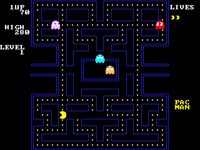 The screen read back over USB: Pac-Man in the lower left with 70 points, Blinky and Pinky in the top corners, Inky at the house door, Clyde inside.