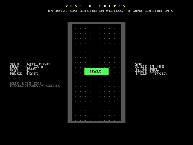 The title screen read back over USB: RISC-V TETRIS, the empty well with a solid grey frame, START in the middle, the SoC facts on the right.
