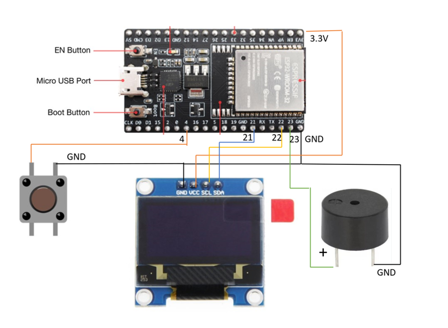 סכמה של ערכת ESP32 עם מסך OLED, כפתור ובאזר